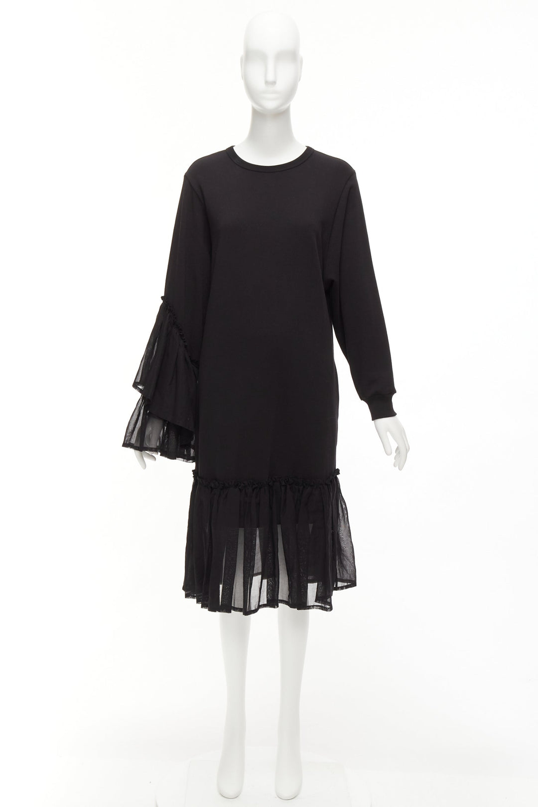 DRIES VAN NOTEN black cotton asymmetric sleeve ruffle hem sweatshirt dress S