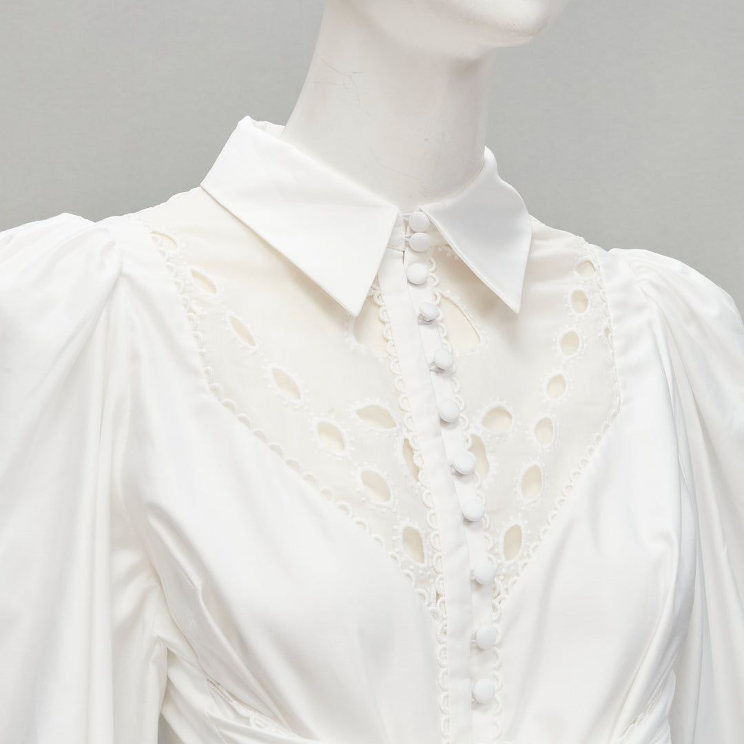 ACLER white cotton eyelet cutout big bow puff sleeve blouse US2 S