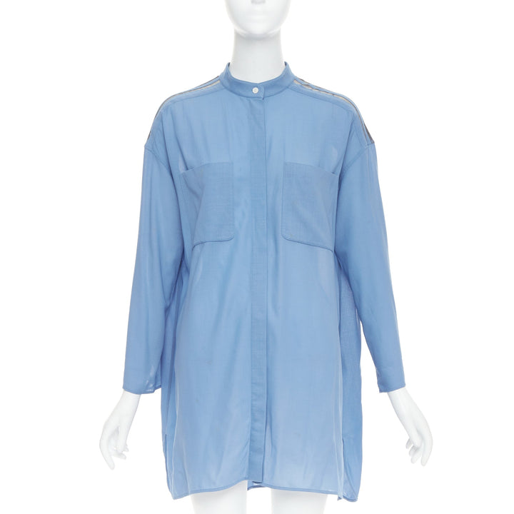 HERMES blue virgin wool band collar rolled tab sleeves tunic shirt dress FR36 S
