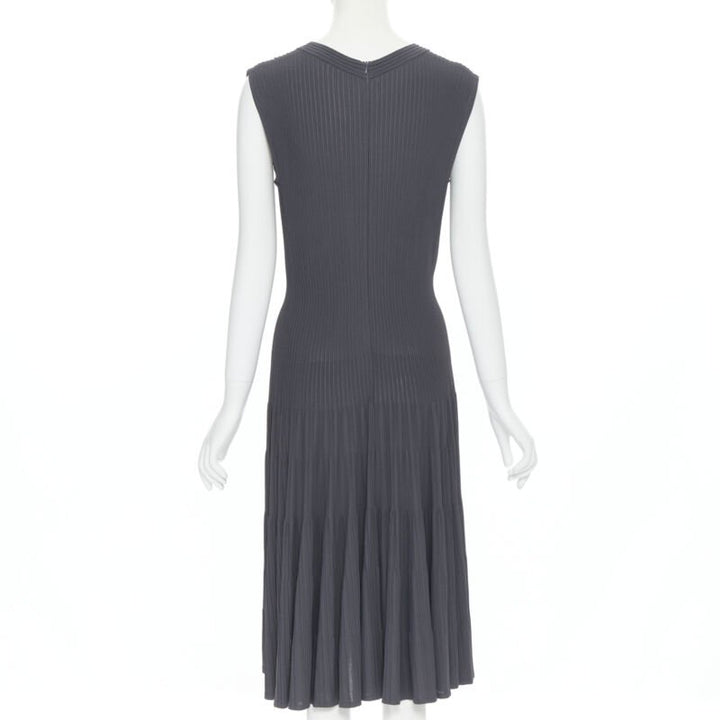 ALAIA dust grey ribbed V-neck sleeveless fit flared cocktail dress M