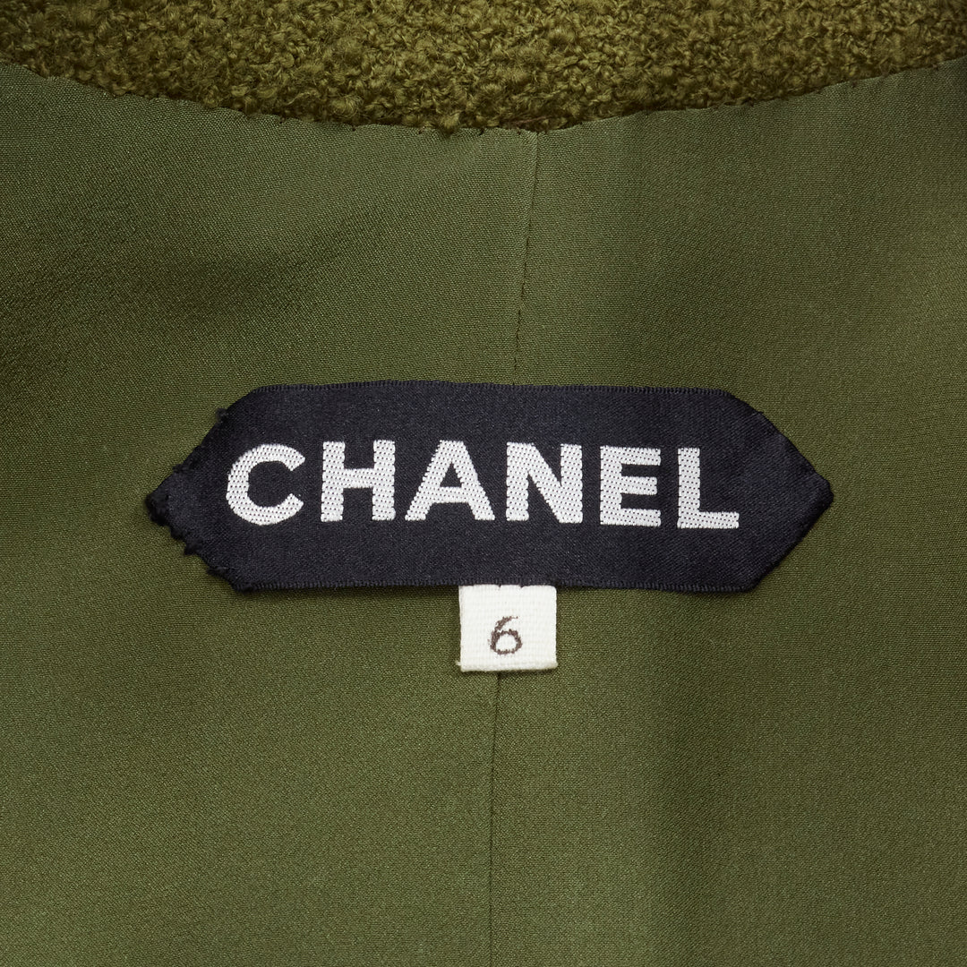 CHANEL COUTURE 96A green tweed gold filigree floral button long coat US6 M