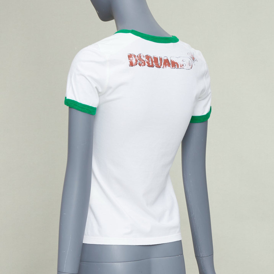 DSQUARED2 2003 white green trim Bambi profane pink crystal ringer tshirt M