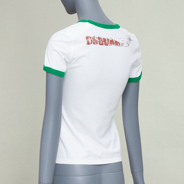 DSQUARED2 2003 white green trim Bambi profane pink crystal ringer tshirt M