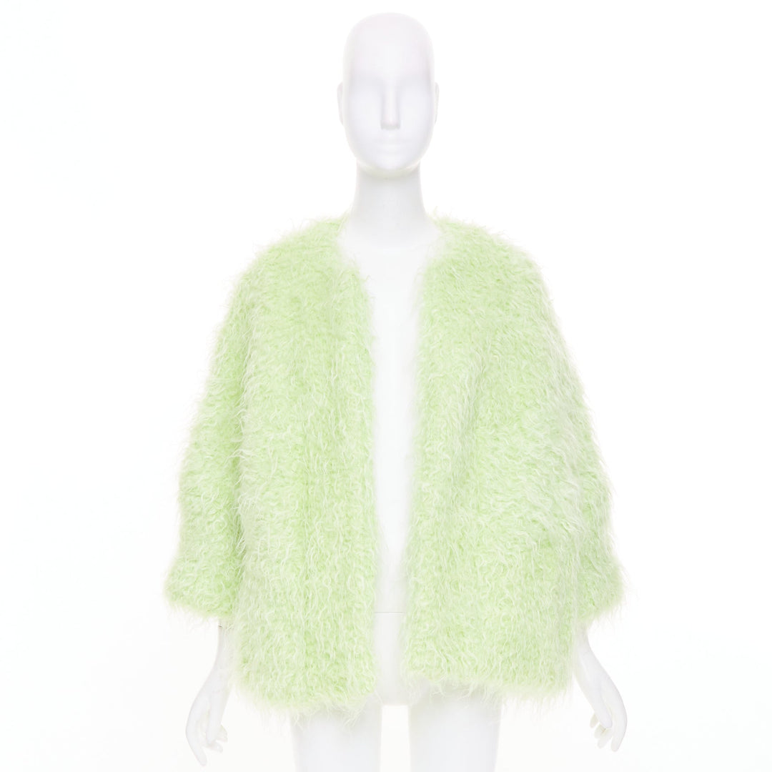 DRIES VAN NOTEN light green fuzzy mohair wool collarless loose open knit coat S