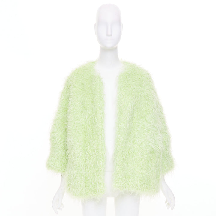 DRIES VAN NOTEN light green fuzzy mohair wool collarless loose open knit coat S