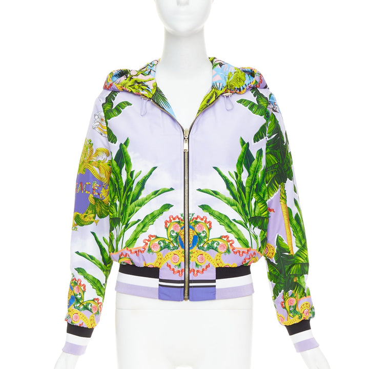 VERSACE 2018 Garden print Reversible lilac tropical print nylon jacket IT40 S