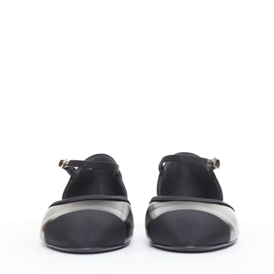 CHANEL 20C black leather grosgrain cap toe gold CC heel mary jane flats EU40