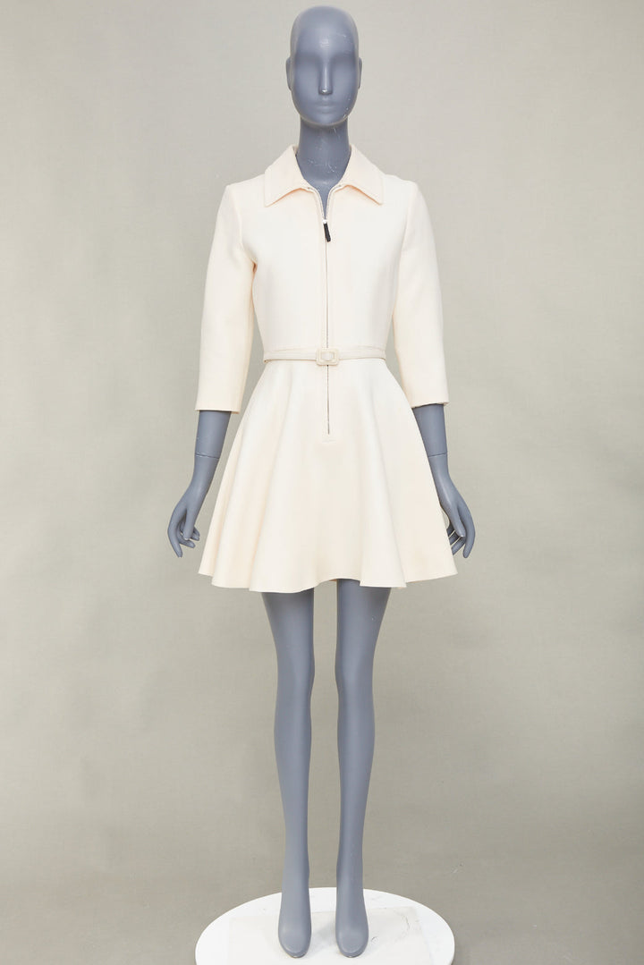 CHRISTIAN DIOR 2019 ivory wool silk zip front belted flared mini dress FR36 S