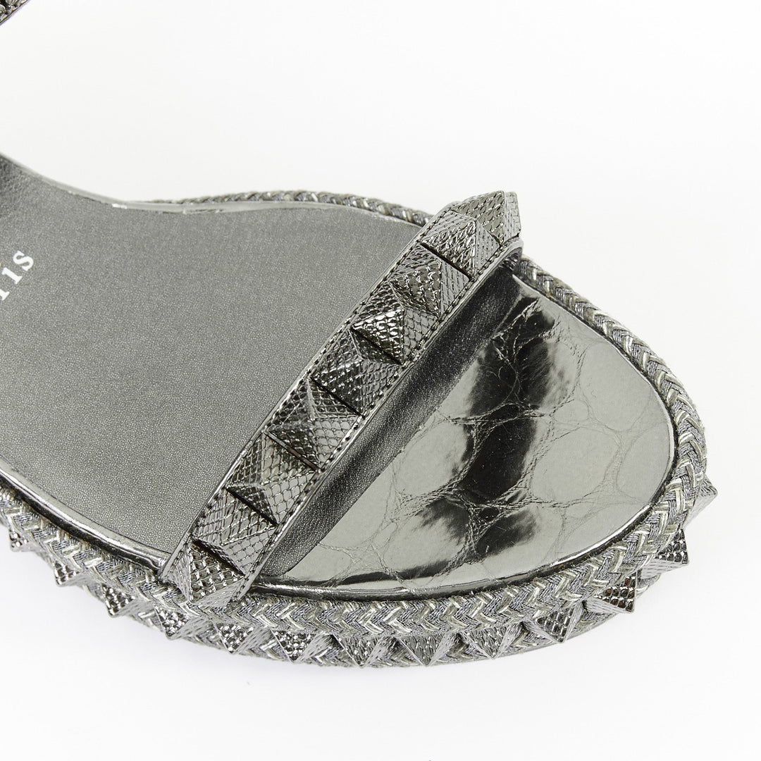 CHRISTIAN LOUBOUTIN Pyraclou 60 Anthracite silver studded espadrille sandal EU37