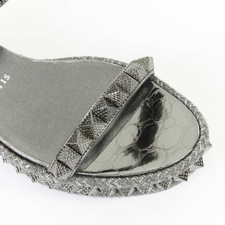 CHRISTIAN LOUBOUTIN Pyraclou 60 Anthracite silver studded espadrille sandal EU37