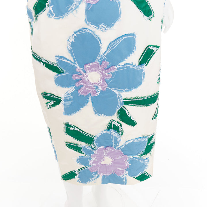 PRADA 2016 cream blue green silk overstitch patchwork floral bow dress IT38 XS