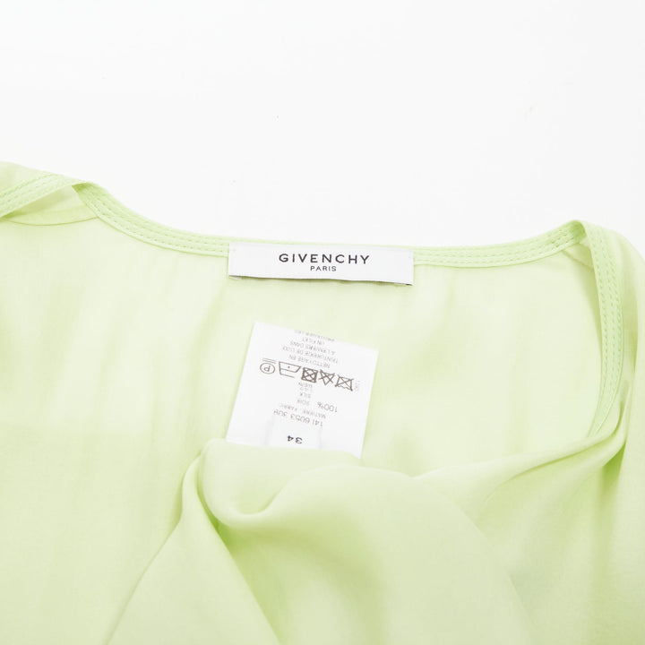 GIVENCHY pale lime green collarless covered button gathered silk blouse FR34 XS