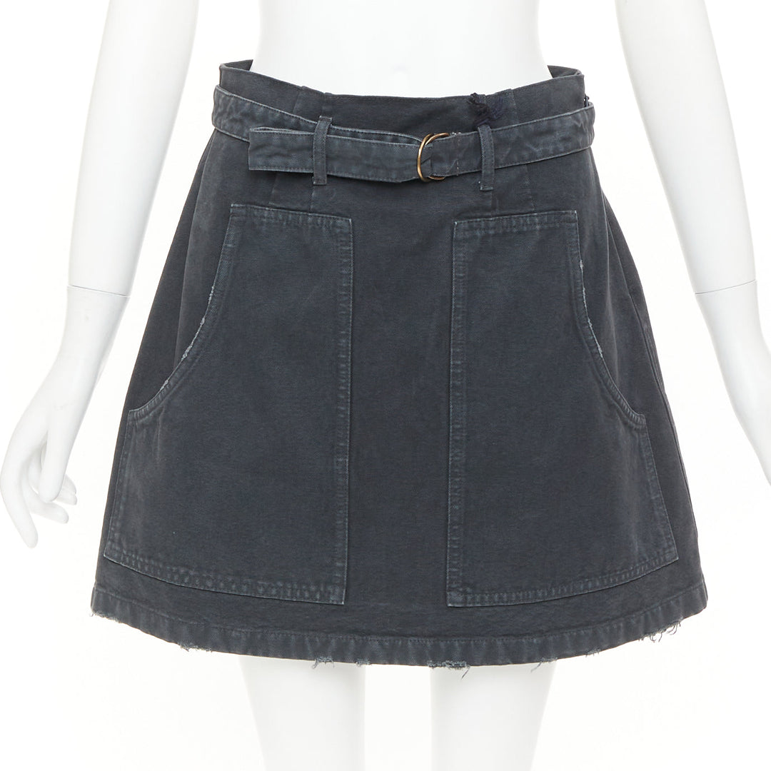 PRADA 2023 grey washed distressed  denim cargo pocket belted mini skirt IT38 XS