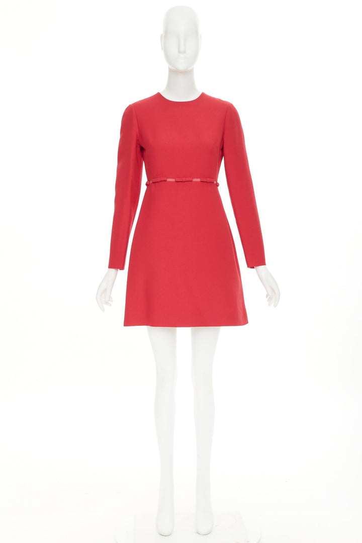 VALENTINO  red wool silk crepe ribbon mesh waist cocktail dress IT40 S