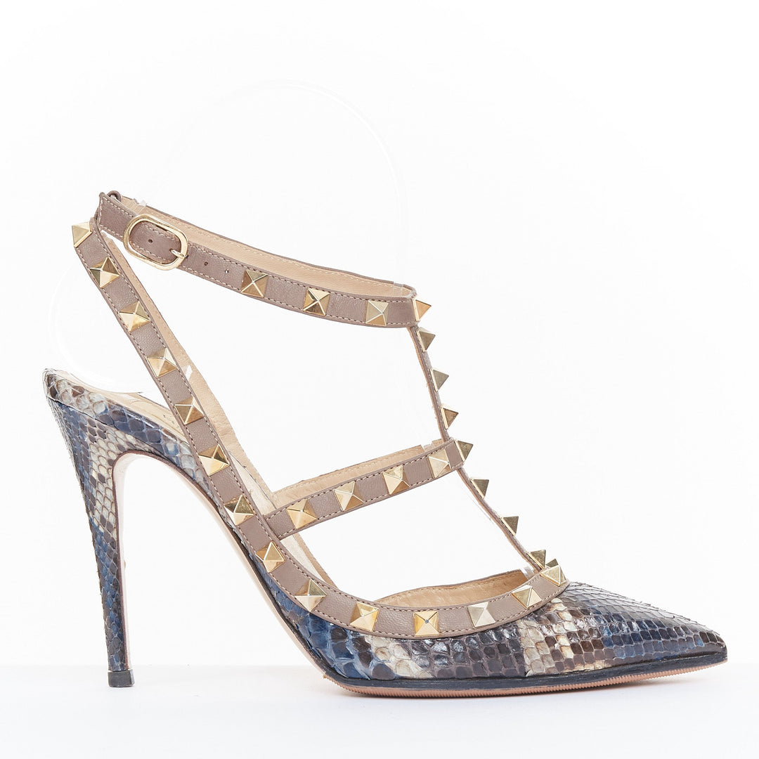 VALENTINO Rockstud python leather beige cage ankle strap stiletto pumps EU37