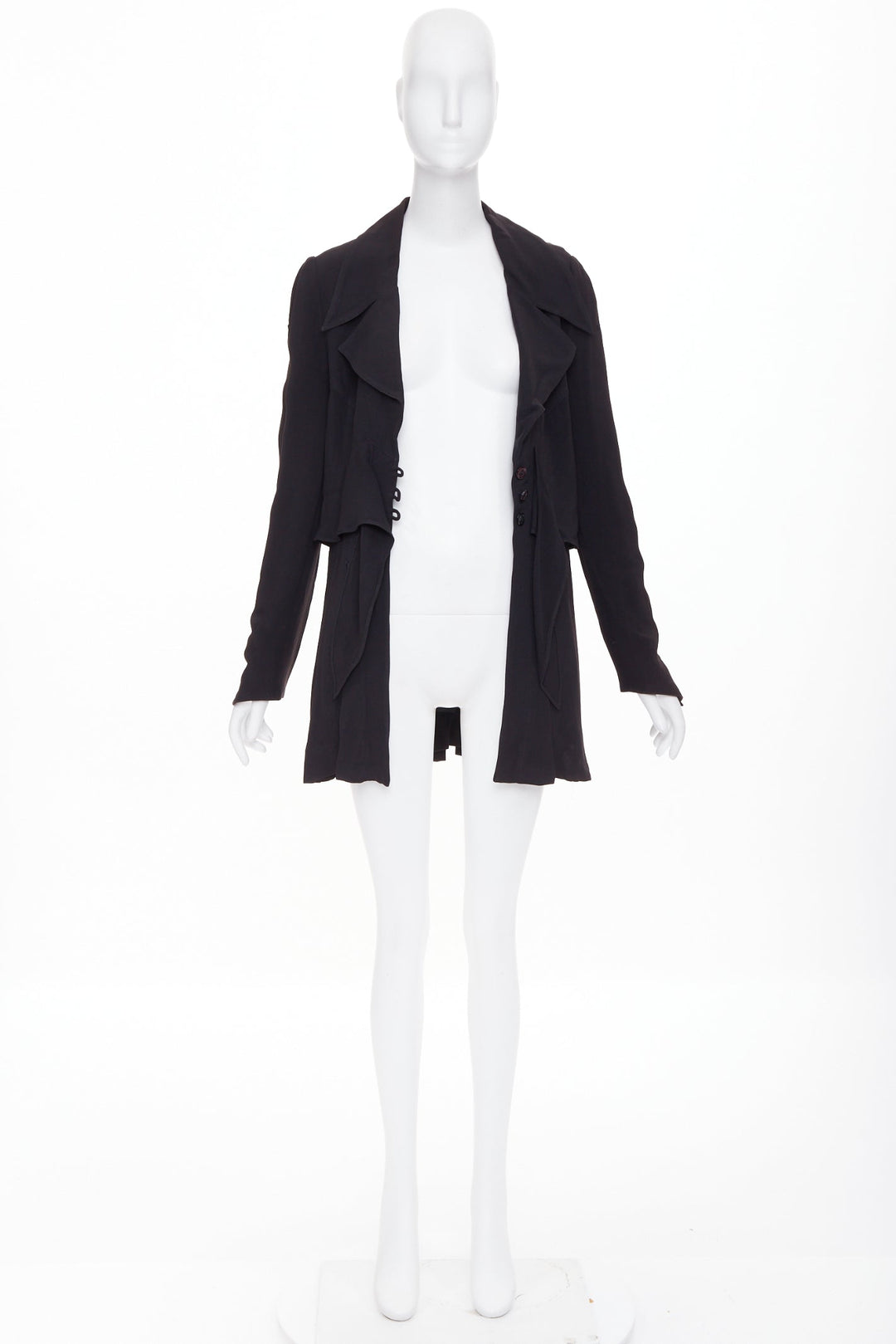 KARL LAGERFELD Vintage black tie front pleated hem wool crepe coat FR44 2XL