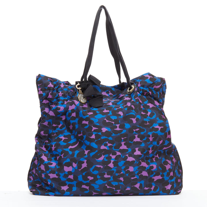 LANVIN blue purple leopard print black bow strap shoulder tote bag