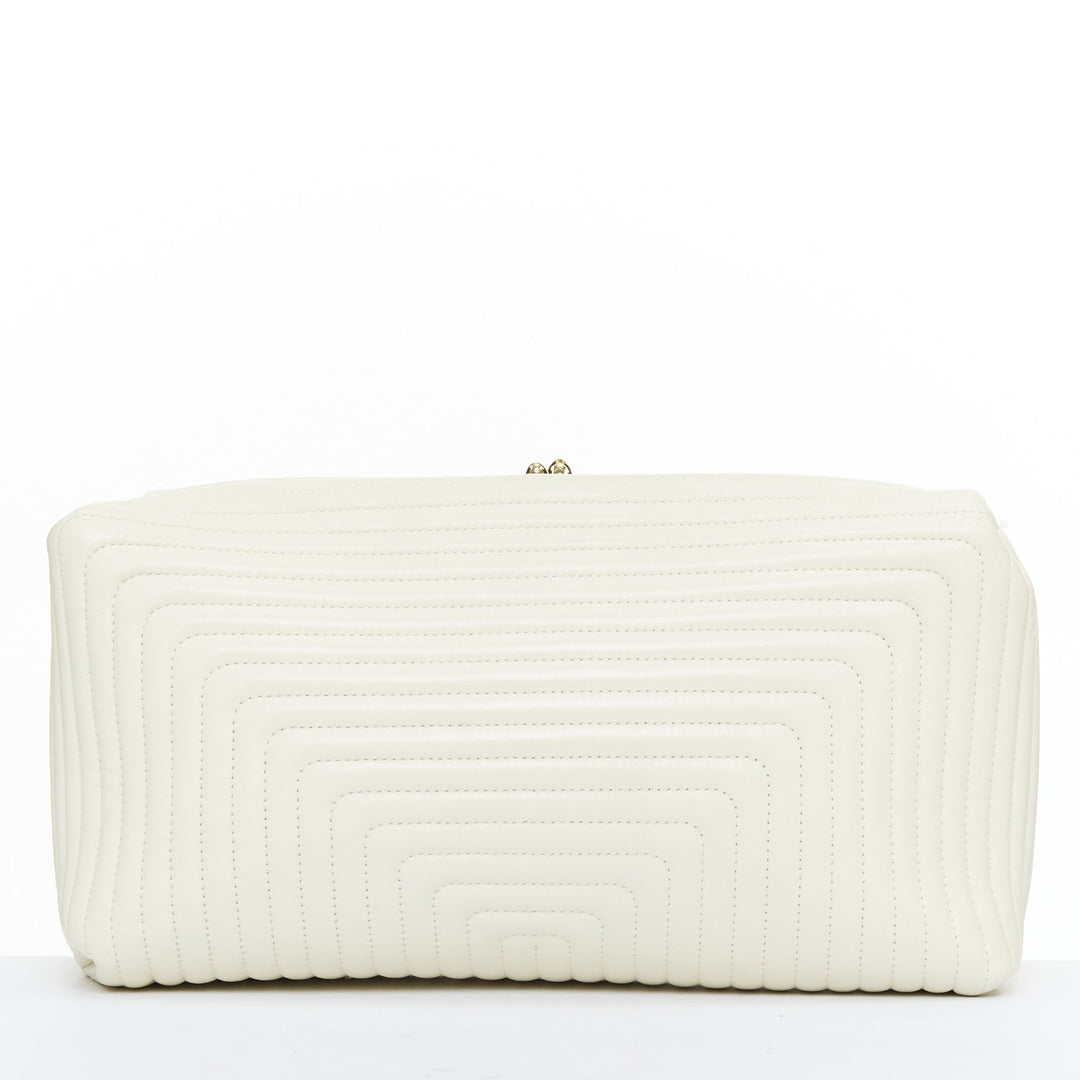 JIL SANDER Goji off white quilted topstitch leather kisslock oversize clutch bag