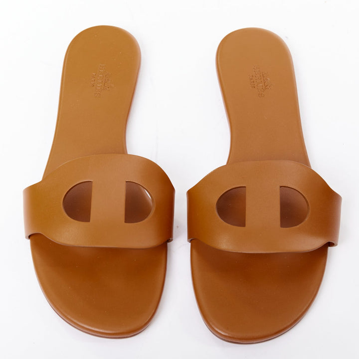 HERMES Lisboa Chaine d'Ancre brown leather cut out flat sandal slippers EU37.5