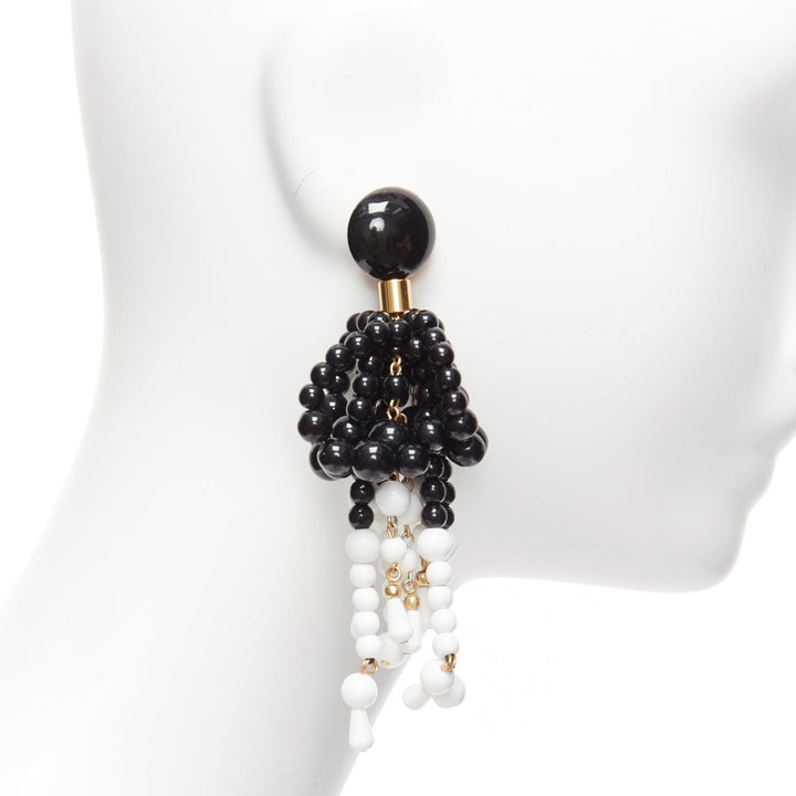 MARNI black white beads drop tassel statement dangling clip on earrings pair