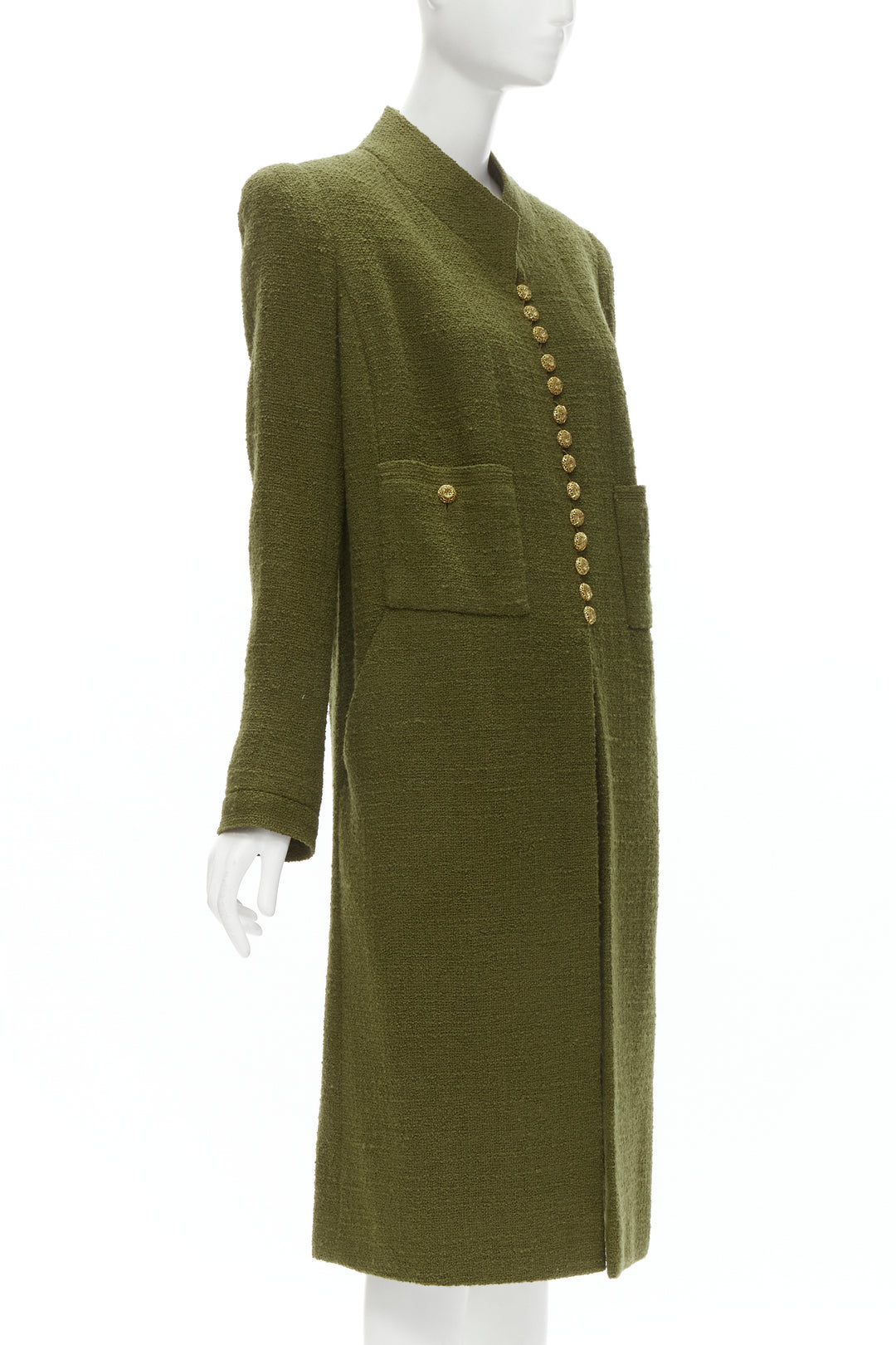 CHANEL COUTURE 96A green tweed gold filigree floral button long coat US6 M