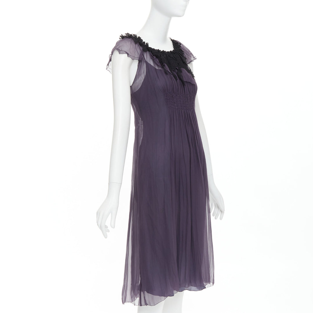 LANVIN Vintage purple silk black lace trim ruched waist sheer dress FR38 M