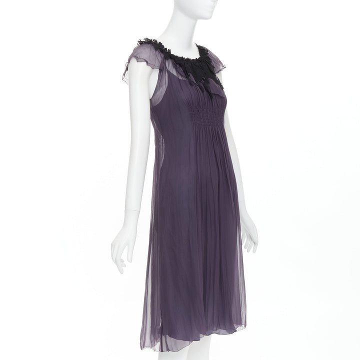 LANVIN Vintage purple silk black lace trim ruched waist sheer dress FR38 M