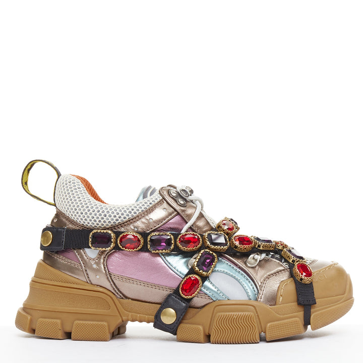 GUCCI Flashtrek pink blue metallic leather crystal harness dad sneakers EU37
