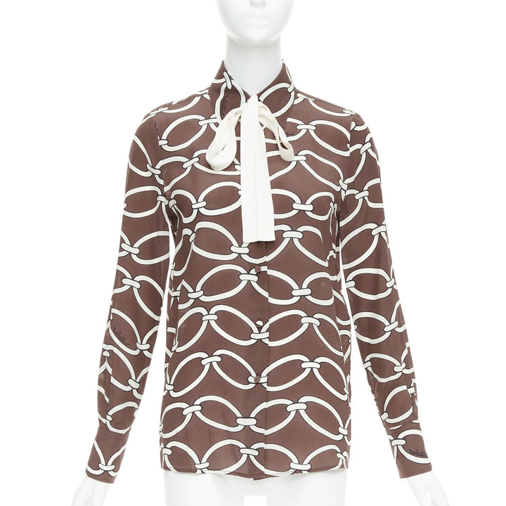 VALENTINO Chain 1967 brown cream crepe de chine silk tie neck blouse IT38 XS