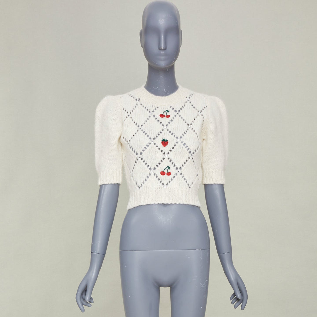 ALESSANDRA RICH 2023 fruit embroidered pointelle knit ivory alpaca top IT36 XS