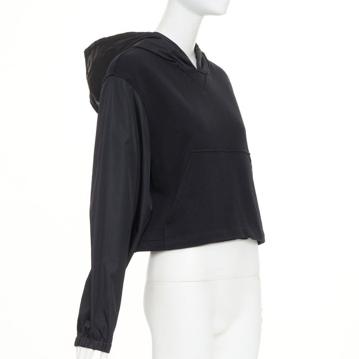 PRADA 2021 black Re-Nylon sleeve triangle logo cotton cropped hoodie M