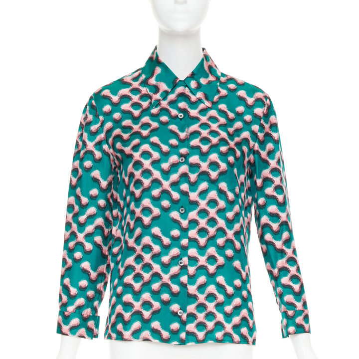 PRADA  100% silk green pink geometric print long sleeve shirt IT38 XS