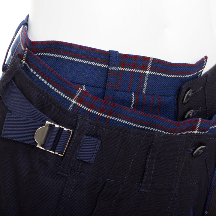 SACAI 2018 navy red cotton wool plaid kilt deconstructed cropped pants JP1 S