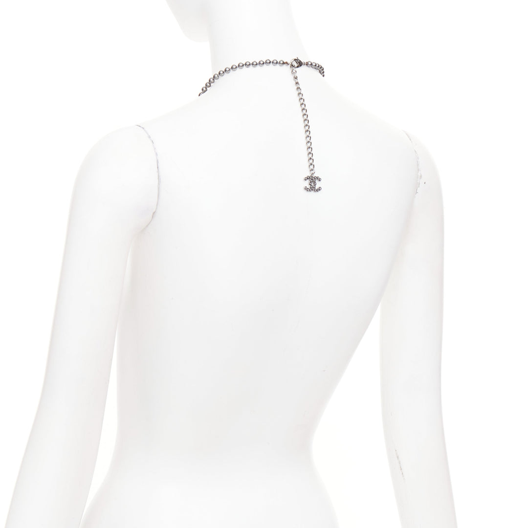 CHANEL B15P CC grey ruthenium metallic glass pearl long strand sautoir necklace