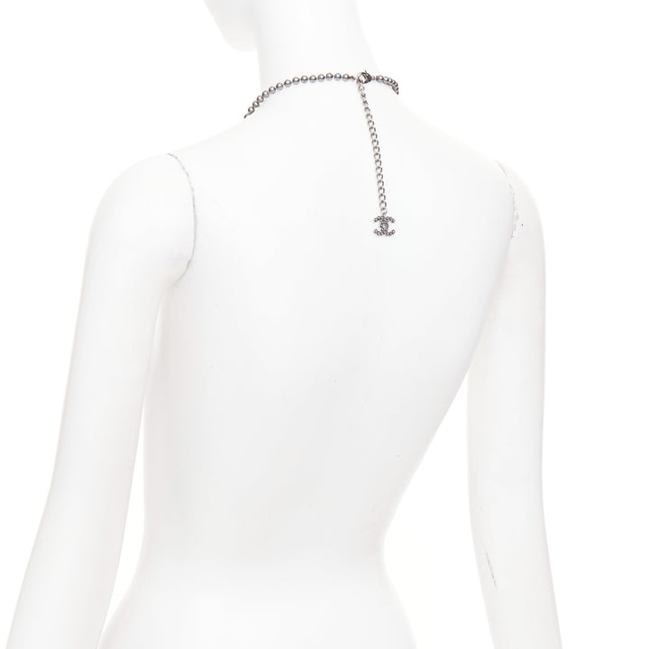 CHANEL B15P CC grey ruthenium metallic glass pearl long strand sautoir necklace