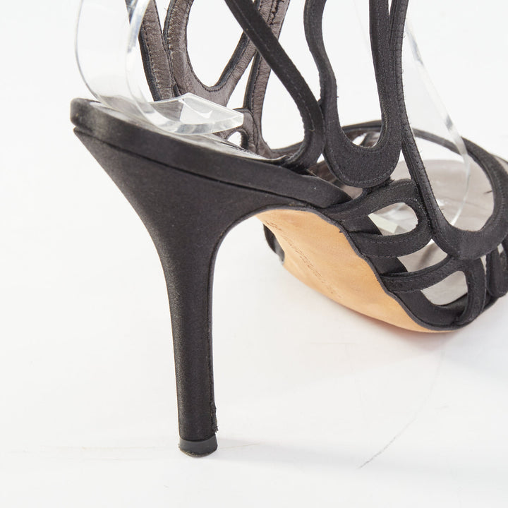 MANOLO BLAHNIK black satin abstract loop caged stiletto sandals EU37