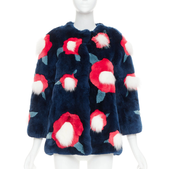 YVES SALOMON KIDS navy rabbit mink floral patchwork coat Yr10 XS