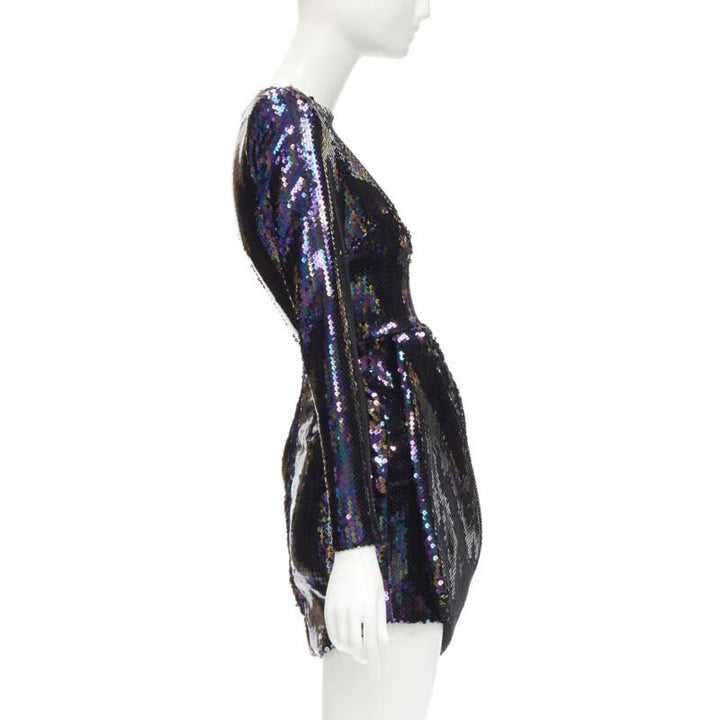 ALEX PERRY Iris petrol blue sequins shoulder padder draped mini dress UK6 S