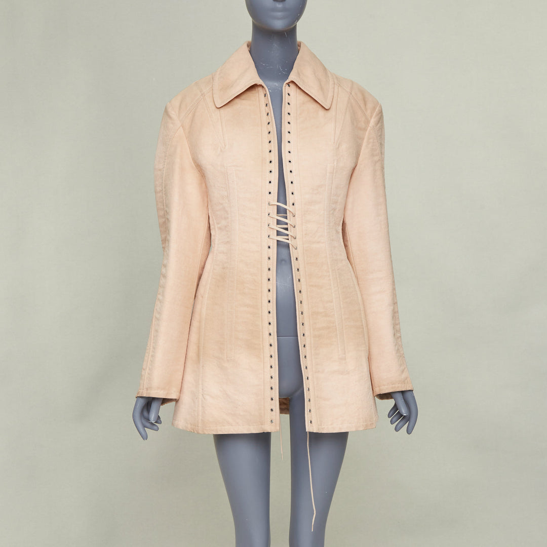 PRADA 2022 Runway Opal Slub pink wash canvas lace up corset jacket IT36 XXS