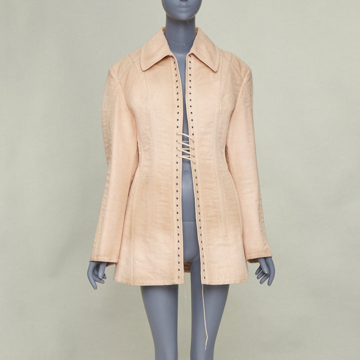 PRADA 2022 Runway Opal Slub pink wash canvas lace up corset jacket IT36 XXS