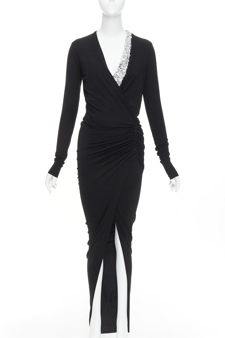 ALEXANDRE VAUTHIER black silver rhinestone jewel crystal plunge wrap dress