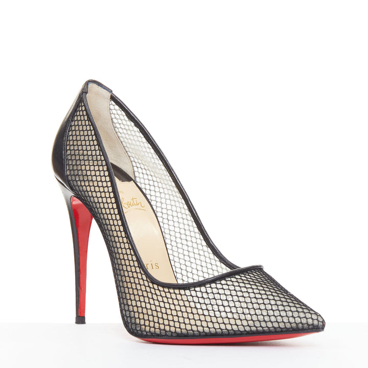 CHRISTIAN LOUBOUTIN Follies Resille 100 Fishnet Pailette black mesh pumps EU37.5