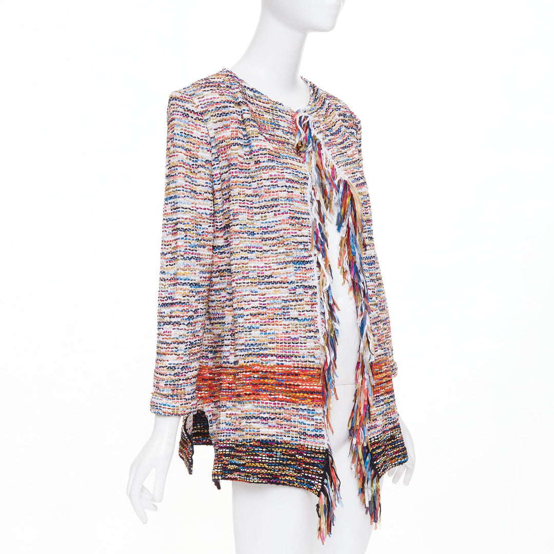 ST JOHN COUTURE multicolor rainbow ribbon trim tweed fringe knit cardigan M