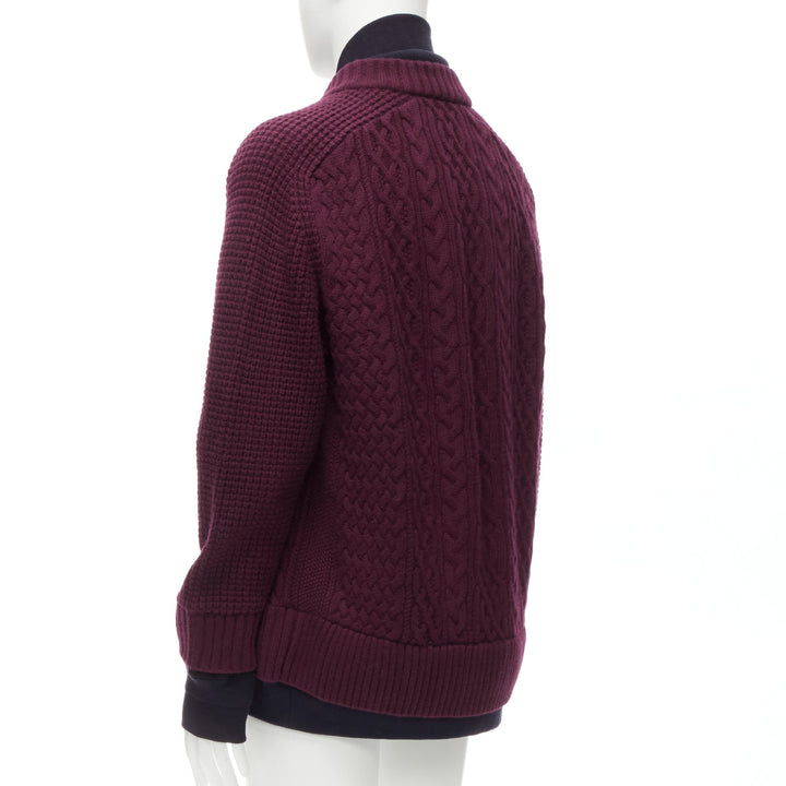SACAI 2016 burgundy 100% wool cable knit layered hem cardigan JP3 L