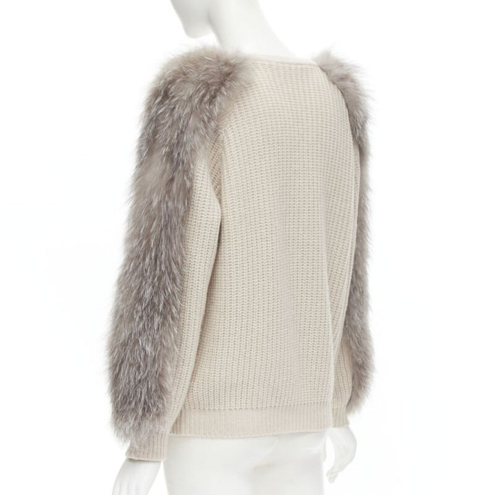 BRUNELLO CUCINELLI beige 100% cashmere grey fox fur sleeve waffle knit sweater M