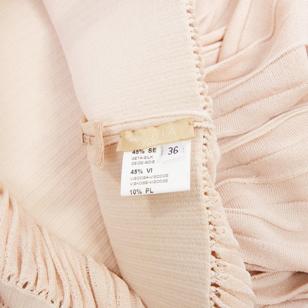 ALAIA pale blush pink open work drop waist plisse fringe knit mini dress FR36 S