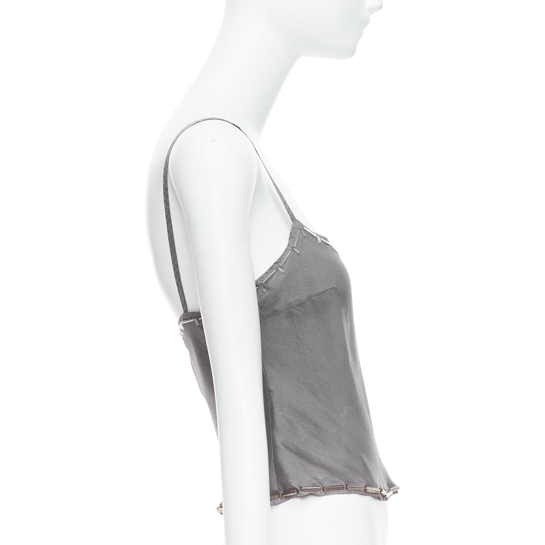 PRADA Vintage 100% silk grey clear long bead embellished camisole top IT38 XS