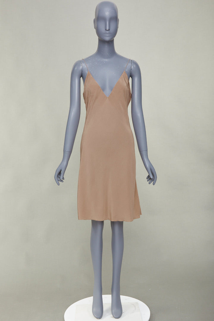 HERMES 100% silk nude spaghetti strap plunging mini slip lining dress FR40 L