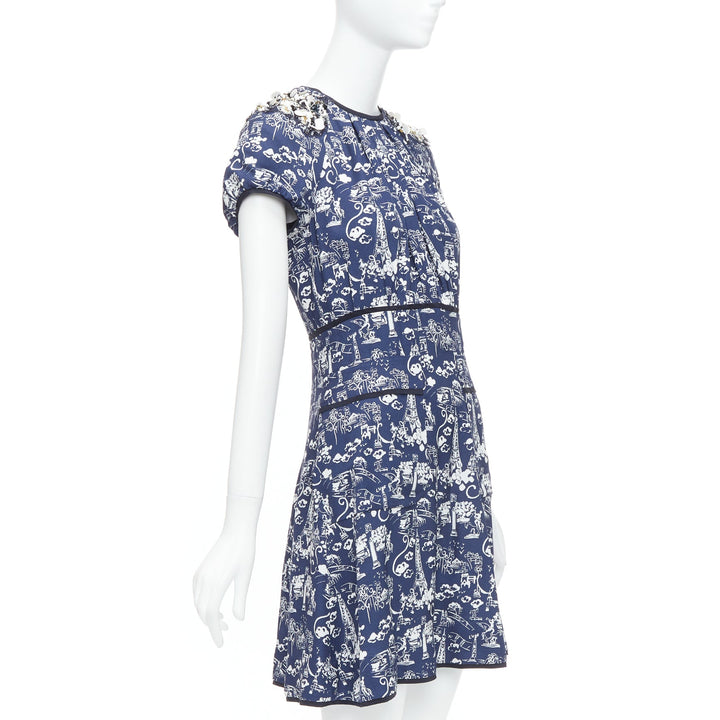 LOUIS VUITTON navy Paris City print embellished neckline dress FR36 S