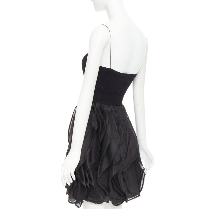 ADAM JONES Vintage black pointelle knit bow cascade ruffle babydoll dress IT38